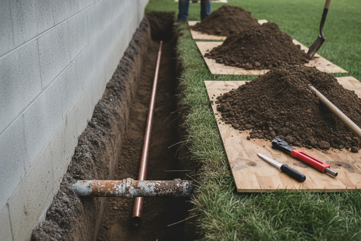 Excavated water line trench during Water Heater Repair in Prairie Village